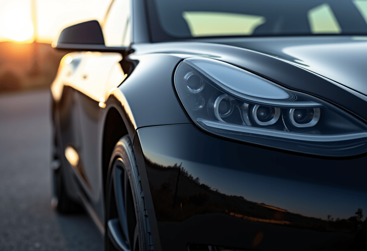Clean luxury car glowing after XPEL FUSION PLUS ceramic coating application in Santa Clarita. Detailed view of vehicle paint with high gloss and water beading effect.