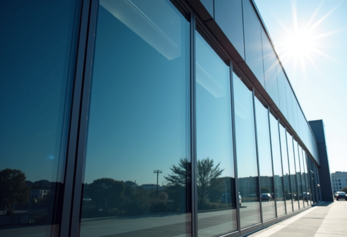 Commercial building with tinted windows reflecting sunlight