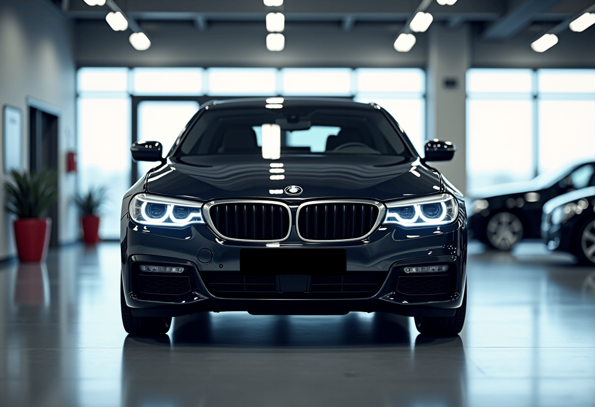 luxury black sedan undergoing professional xpel window tint installation in well lit automotive shop