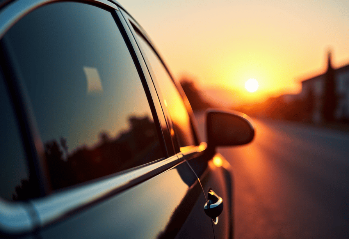 luxury car tinted windows with sunlight glare background