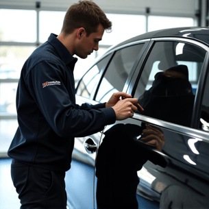 mobile window tinting technician working on luxury car in driveway