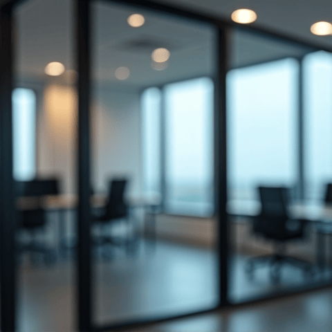 Commercial building with glare reduction tint in Santa Clarita. This application improves employee comfort and productivity by eliminating harsh glare on computer screens, common in brightly lit office spaces, showing the functional benefits of effective window film.