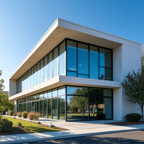 Commercial office building before window tinting in Santa Clarita. This image shows the building with clear, untreated windows, revealing interiors and lacking privacy, heat rejection, and energy efficiency, common for many local office buildings in Valencia Industrial Center.